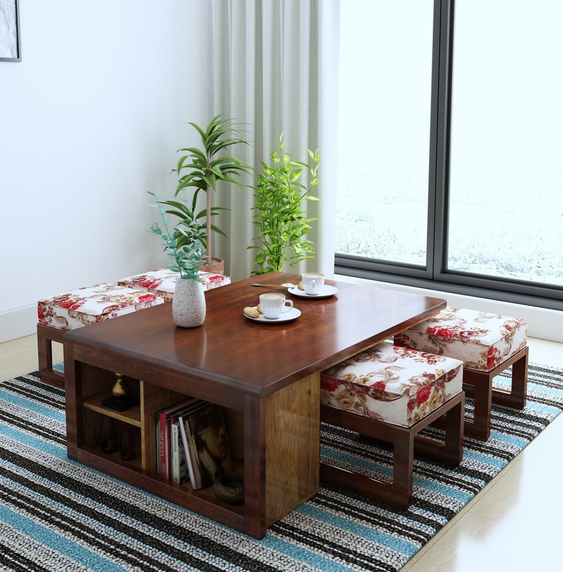 Vesta Solid Wood Coffee Table Centre Table With 4 Seating Stool For Living Room. - Torque India